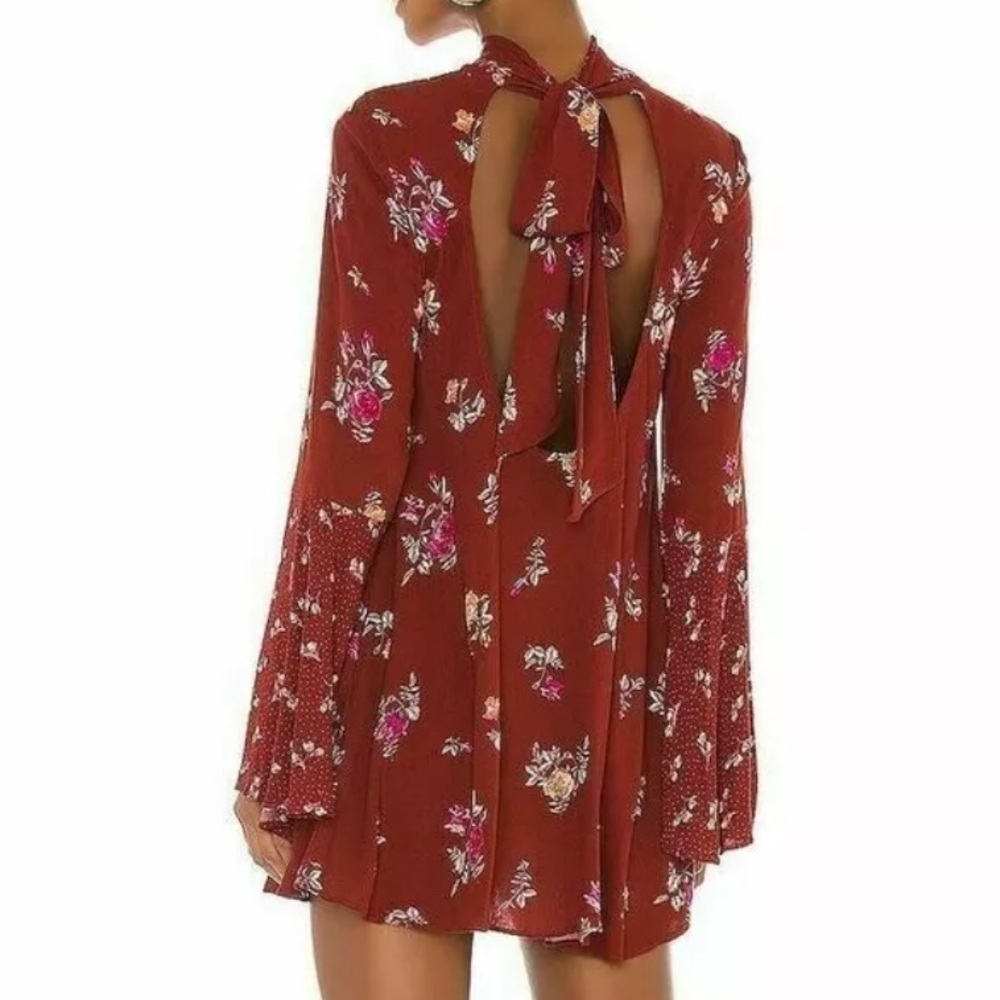 NWT FREE PEOPLE Burgundy Floral Long Bell Sleeve Tie Back Mini Dress Size Small - Picture 2 of 6